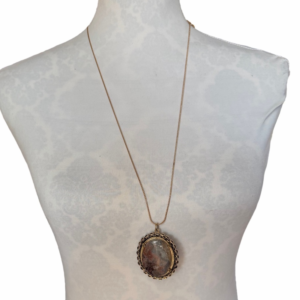 Jasper Agate Stone Pendant Gold Tone Vintage Style - Picture 4 of 8